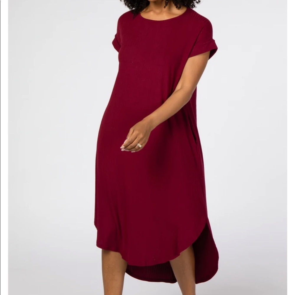 Dark Burgundy Ribbed Curved Hem Maternity Midi Dress - PinkBlush